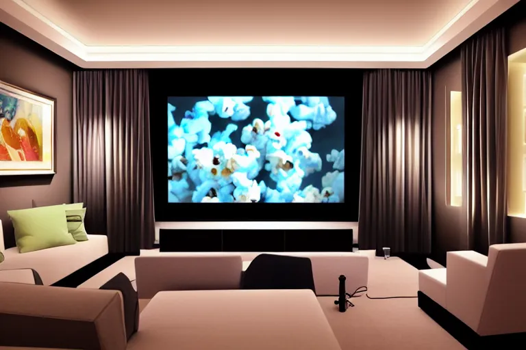 Prompt: very wide angle view, a modern home movie theater with big screen!!, stylish wall sconces lights, detailed art deco decoration!!, plants, popcorn machine, rough watercolor painting, trending on artstation