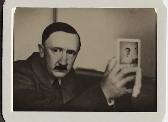 Prompt: polaroid selfie by adolf hitler