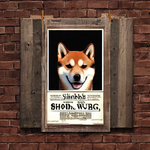 Image similar to shiba inu wanted poster old timey wild west, sepia photo curling paper