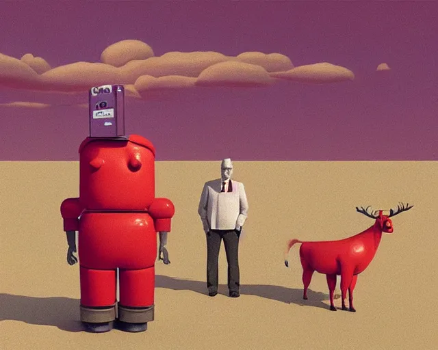 Prompt: Anthropomorphic Animatronic walking beef machine made of meat, painting by Grant Wood, 3D rendering by Beeple, directed by Wim Wenders, cinematography by Robby Müller