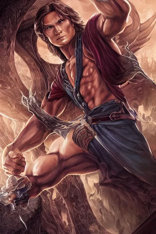 Image similar to muscular sam winchester as a mage tattooed in the cover of an acotar book, sarah j. maas, d & d!, fantasy style, sharp focus!, ultra detailed, art by artgerm, wlop, ilya kuvshinov