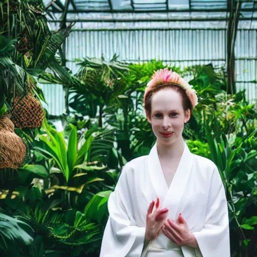 Image similar to close photo portrait of a pale skin woman wearing a white kimono in a tropical greenhouse