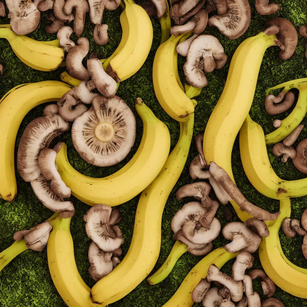 Image similar to circular fractal bananas that grow like coral, inside art nouveau with petal shape, big banana peals, and banana stems, mushrooms and plants, mesh roots. closeup, hyper real, food photography, high quality