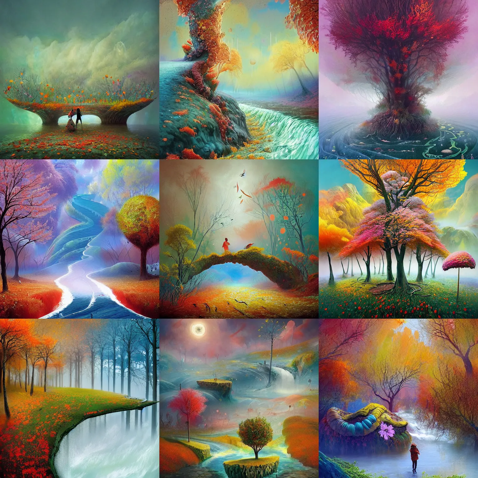 Prompt: a matte painting of the four season on an alien landscape, seasons!! : spring 🌸 summer ☀ autumn 🍂 winter ❄, a river splits!! the seaons, painted by gediminas pranckevicius, inspired by mimmo rotella, inspired by alberto seveso