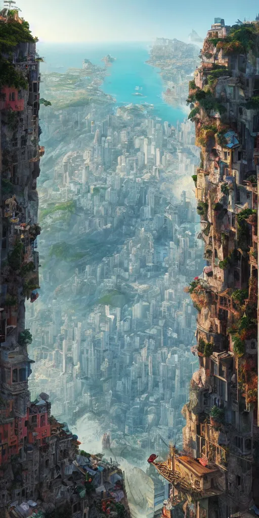 Prompt: a painting of a city built into the side of a cliff, a detailed matte painting by chris labrooy and wes anderson, cgsociety, fantastic realism, matte painting, terragen, artstation hq