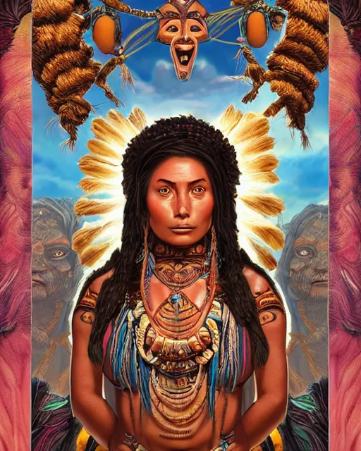 Prompt: digital painting of ixchel, mayan chief god, ruler of heaven of night and day, by filipe pagliuso and justin gerard, symmetric, fantasy, highly detailed, realistic, intricate, portrait, sharp focus, tarot card