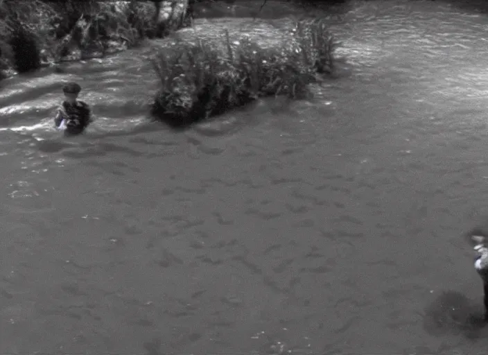 Image similar to grainy security cam footage still of Augustus Gloop in the chocolate river, movie still from Willy Wonka and his Chocolate Factory, extreme wide angle