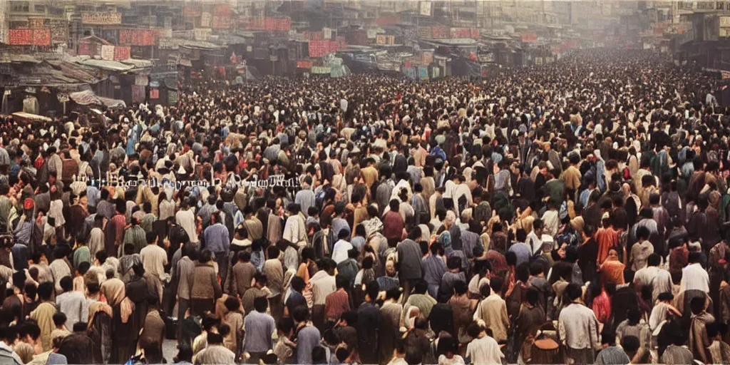 Prompt: Crowded Shangai Markets 1970's colored photo