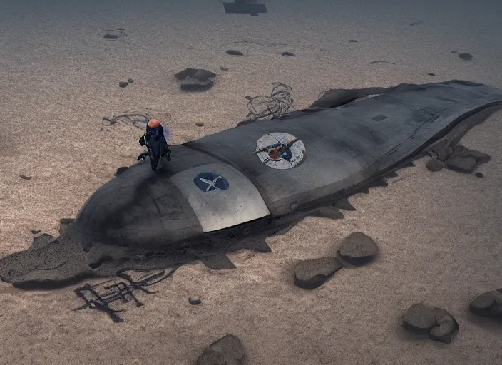 Prompt: astronaut underwater putting a flag in the sand of the bottom of the ocean. the remains of a futuristic submarine are visible in the distance. dark, concept art, cinematic, dramatic, atmospheric, 8 k, trending on artstation, low visibility, fog, ocean floor, zack snyder