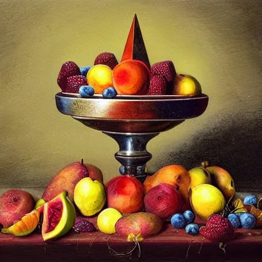 Image similar to melancholic, defined by marek okon. a still life of fruit on a table. the fruit is arranged in a pyramid shape, with the largest pieces of fruit at the bottom & the smallest pieces of fruit at the top. the colors are bright & the illustration has a lot of texture.