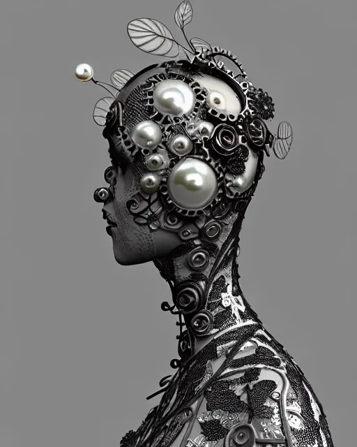 Image similar to monochrome 3 d model, 1 8 9 0 picture, silver lace floral steampunk biomechanical beautiful young female cyborg with porcelain profile face and a techno eye, volumetric light, leaves foliage and stems, hibiscus flowers, sinuous fine roots, fine foliage lace, alexander mcqueen, rim light, big gothic fashion pearl embroidered collar, octane render, 8 k