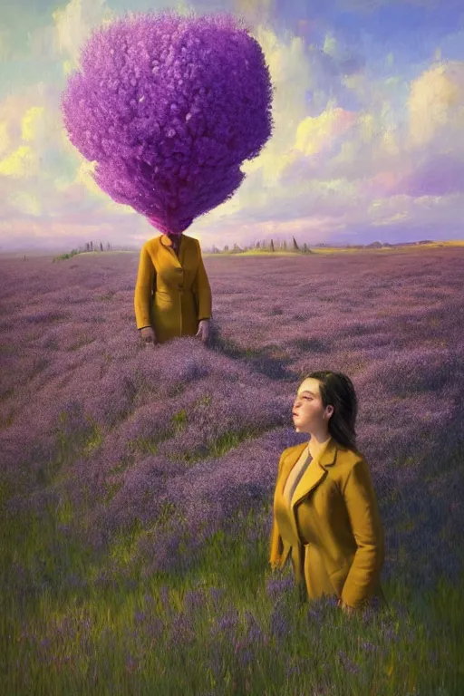 Prompt: portrait, giant lilac flower as the head, black woman in suit in heather field, surreal photography, golden hour, colorful clouds, impressionist painting, digital painting, artstation, simon stalenhag