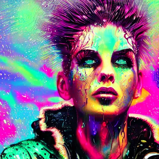 Image similar to splashes of neon galaxies, mowhawk, punk women portrait made out of paint with rain in the background, trending on artstation, epic composition, emotional, beautiful, rendered in octane, highly detailed, realistic, tim burton comic book art, sharp focus, matte painting, unreal engine