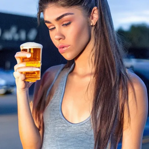 Image similar to 4k,ultra detailed portrait of Madison Beer drinking beer at the parking lot by Rachel Ruysch