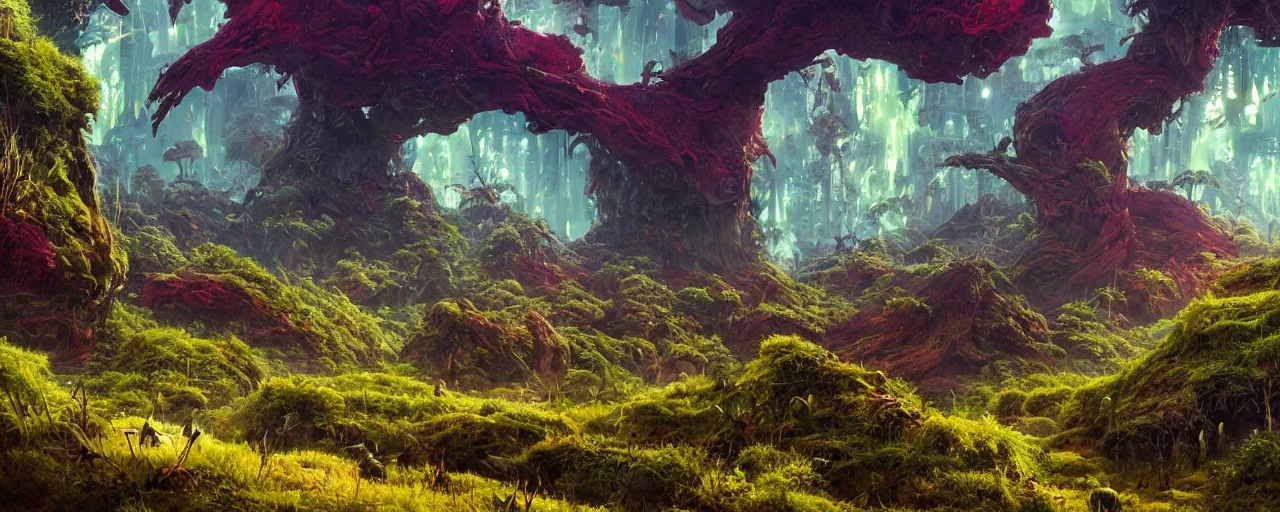 Prompt: ” mysterious alien landscape covered in foliage, [ lush, cinematic, detailed, epic, widescreen, opening, establishing, mattepainting, photorealistic, realistic textures, octane render, art by slop and paul lehr ] ”