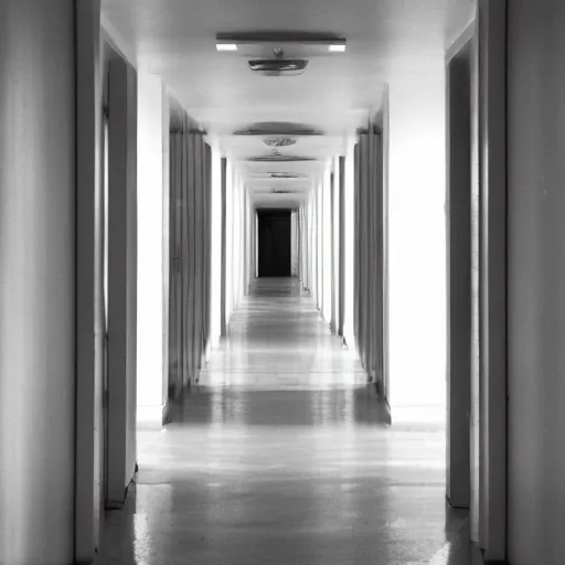 Image similar to a long all white hallway lined with red doors, liminal space,