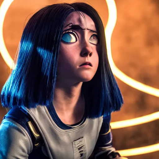 Image similar to Courtney Miller from Smosh as Alita in Alita:Battle Angel, Film Still, 35mm dramatic lighting, cinematic, deep focus, styleframe,