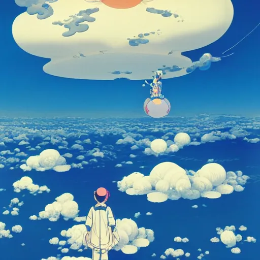 Image similar to a man walking on clouds above kyoto by takashi murakami, beeple and james jean, aya takano color style, 4 k, super detailed