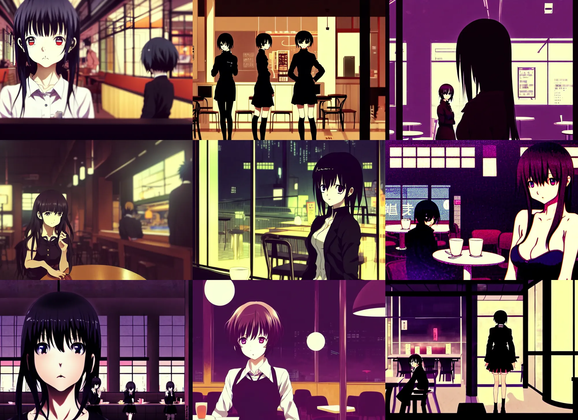 Prompt: anime frames, anime visual, dark portrait of a young female visiting a busy cafe interior at night, very low light, cute face by ilya kuvshinov and, psycho pass, kyoani, dynamic pose, dynamic perspective, strong silhouette, anime cels, rounded eyes, yoshinari yoh, dark tint