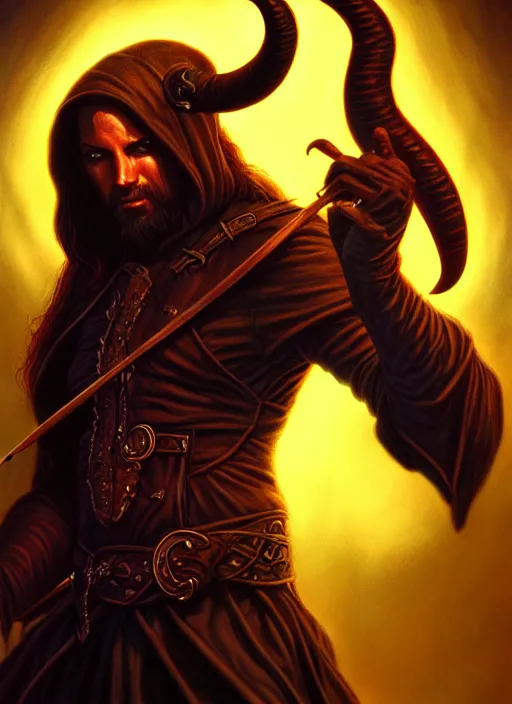 Prompt: tiefling bard, full body, hyper realistic, extremely detailed, dnd character art portrait, dark fantasy art, intricate fantasy painting, dramatic lighting, vivid colors, deviantart, artstation, by larry elmore.