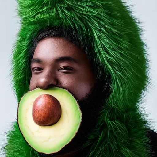 Image similar to a man in a furry avocado costume, portrait photography, close up, sigma 8 5 mm