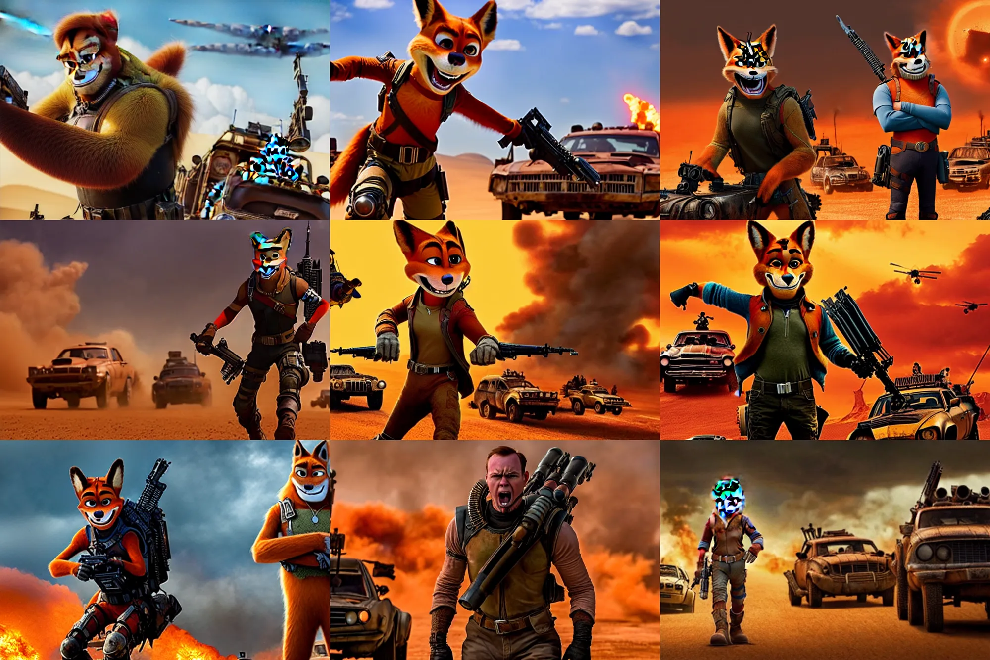 Image similar to nick wilde, heavily armed and armored facing down armageddon in a dark and gritty reboot from the makers of mad max : fury road