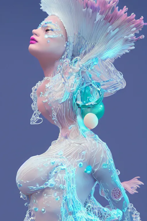 Prompt: an epic puerto rican model, subject made of white melting porcelain, mesh headdress, chrome mask, flowing dress, with cerulean and pastel pink bubbles bursting out, delicate, beautiful, intricate, melting into vulpix, houdini sidefx, by jeremy mann and ilya kuvshinov, jamie hewlett and ayami kojima, bold 3 d