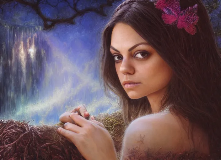 Image similar to Mila Kunis staring into the camera, misty wisps, Lilia Alvarado, Sophie Anderson, Mark Arian, Bob Byerley, Charlie Bowater, Mark Brooks, Steve Henderson, Justin Gerard, Arthur Hughes, Edward Robert Hughes, Mark Keathley, Victor Nizovtsev, Carlos Shwabe, Ross Tran, WLOP