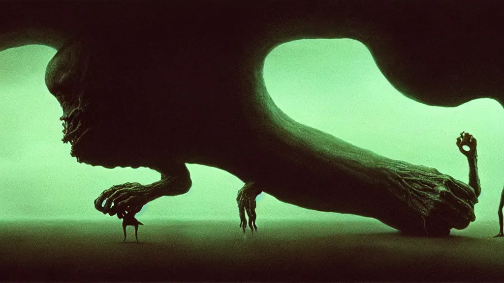 Image similar to the strange creature from my eye, film still from the movie directed by denis villeneuve and david cronenberg with art direction by salvador dali and zdzisław beksinski, wide lens