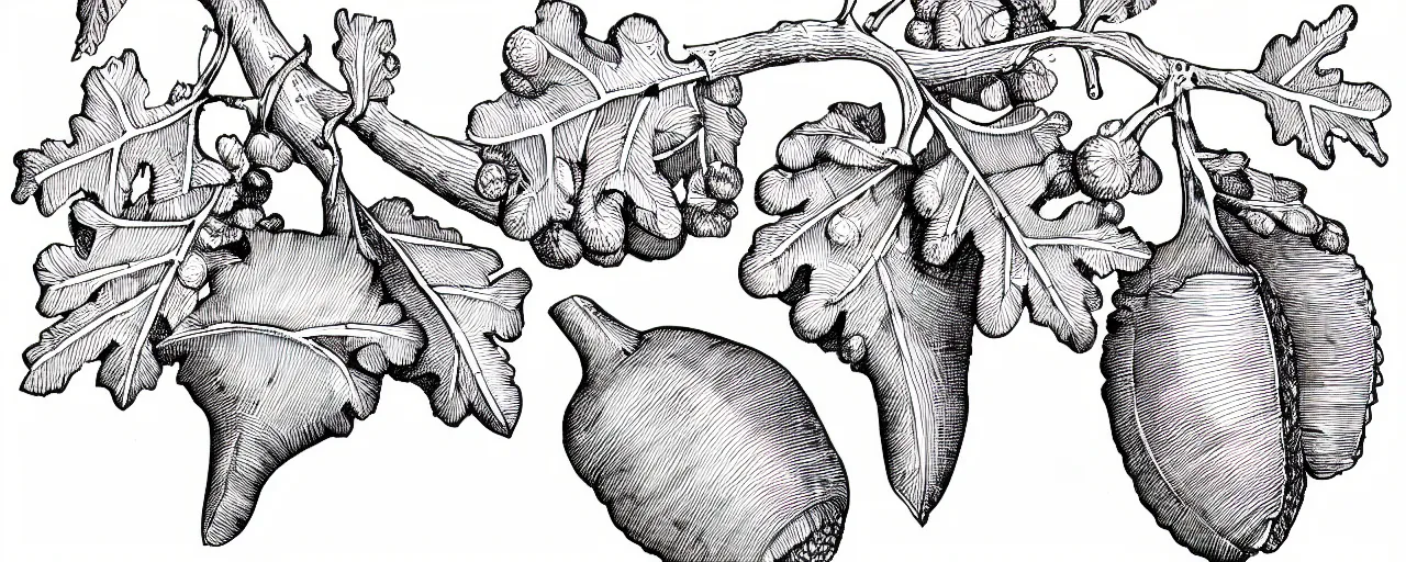 Prompt: a full page schematic diagram illustration of oak acorns on a wine leaf, ultra detailed, 4 k, intricate, encyclopedia illustration, fine inking lines