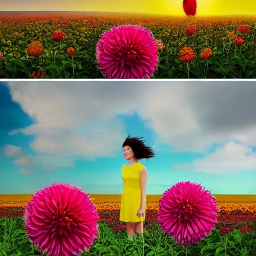 Image similar to giant dahlia flower head, full body girl standing in a flower field, surreal photography, sunrise, dramatic light, impressionist painting, colorful clouds, digital painting, artstation, simon stalenhag