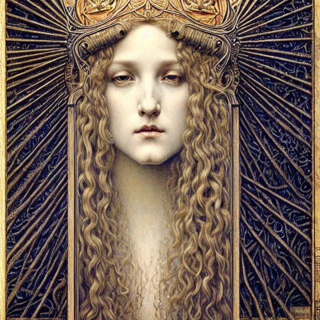 Image similar to detailed realistic beautiful young medieval queen face portrait by jean delville, gustave dore and marco mazzoni, art nouveau, symbolist, visionary, gothic, pre - raphaelite. horizontal symmetry