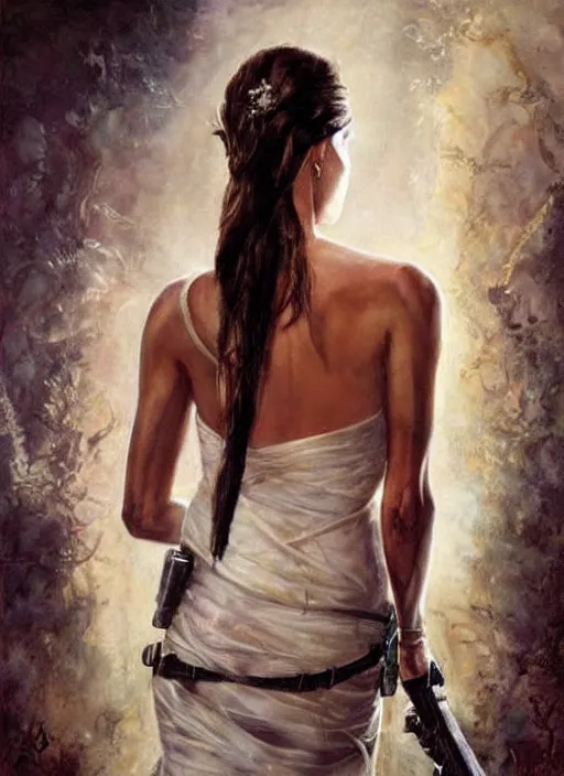 Image similar to Angelina Jolie (Lara Croft / Tomb Raider) is a bride, wedding portrait by Karol Bak