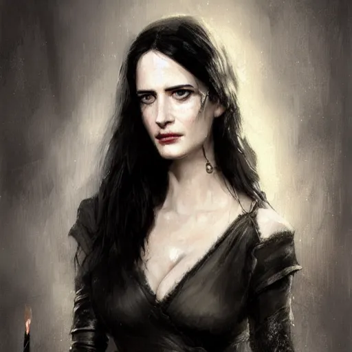 Image similar to eva green as yennifer from witcher, portrait, painted by greg rutkowski