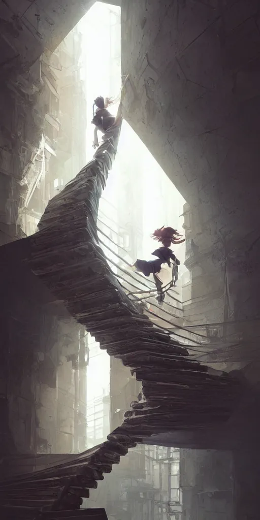 Image similar to a girl climbing an isometric endless staircase. By Tetsuya Nomura. Square Enix. By Greg Rutkowski Masterpiece, torchlit, octane