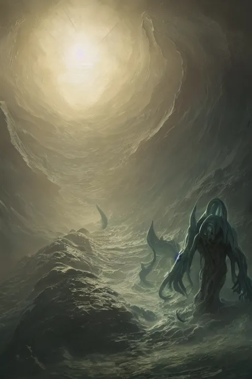 Image similar to cthulhu, eldritch, cosmic, nightmare, ocean, storm, digital art, magic the gathering, mtg, by greg rutkowski, trending on artstation