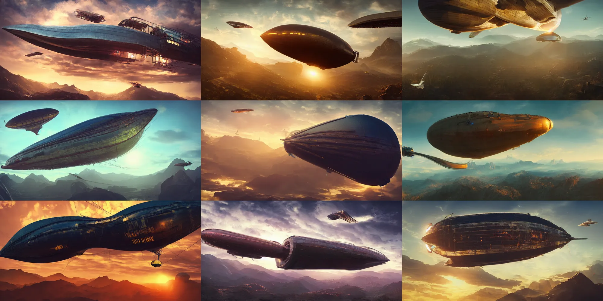 Prompt: a cyberpunk zeppelin airship is flying high in the sky above the mountains, epic, surreal, cinematic shot, golden hour, artstation, deviantart, dreamy atmosphere, high definition