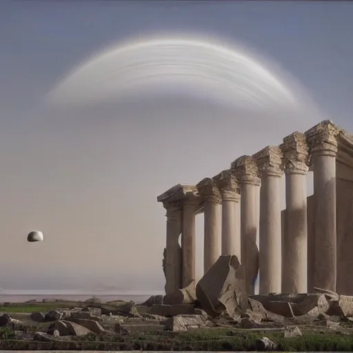 Image similar to David Ligare masterpiece, scifi nightscape, planets, hyperrealistic surrealism, award winning masterpiece with incredible details, epic stunning, infinity pool, a surreal vaporwave liminal space, highly detailed, trending on ArtStation, broken giant marble head statue ruins, calming, meditative, geometric liminal space