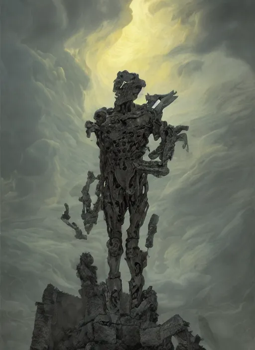 Image similar to statue of a diabolical marble stone cyborg, wearing torn white cape, dynamic pose, thunder, glowing eyes, post apocalyptic ancient ruins, glowing veins subsurface scattering, in clouds, sunset, portrait, by gerald brom, by mikhail vrubel, by peter elson, muted colors, extreme detail, trending on artstation, 8 k