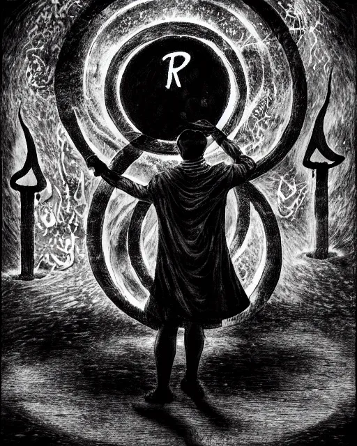 Image similar to ink wash painting painting of mage reciting an incantation and standing on glowing circular runes in the middle of dark room, high production value, intricate details, high resolution, hyperrealistic, hdr, high definition, masterpiece, ultra realistic, highly detailed, hd, sharp focus, non blurry, sharp, smooth