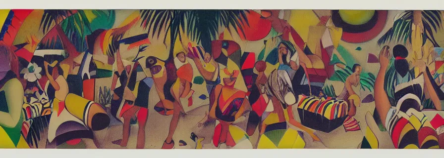 Image similar to polaroid photo party in jungles, girls with a slim figure in carnival skirts and guys in polygonal print shorts dance to the sound of a ethnic drums, author zima blue, very elongated lines, wasily kandinsky, malevich, pop art, color splashes, grain