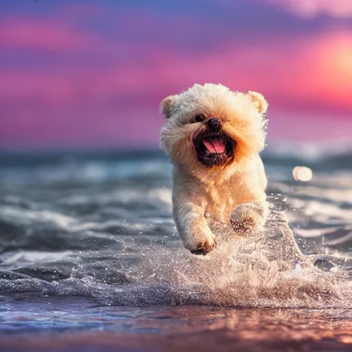 Image similar to a closeup photorealistic photograph of a cute smiling tiger bichon puppy splashing in the surf during sunset. professional capture, well lit shot. this 4 k hd image is trending on artstation, featured on behance, well - rendered, extra crisp, features intricate detail, epic composition and the style of unreal engine.