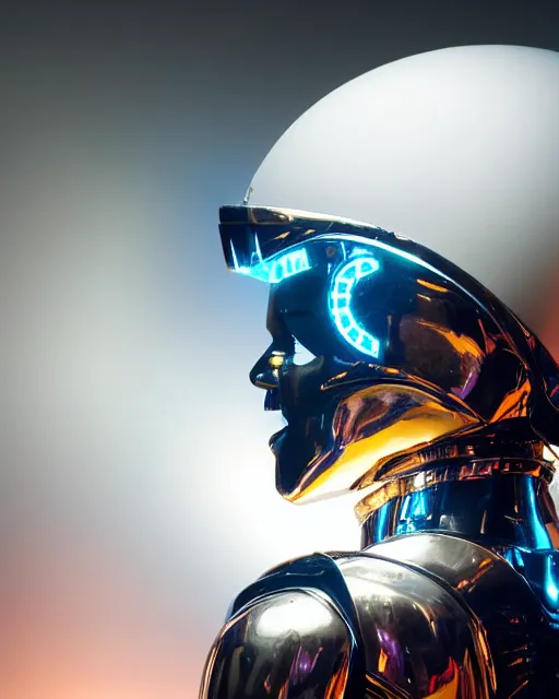 Image similar to centered medium shot fine studio photograph of a beautiful persian girl wearing only a mecha electronic persian helmet with bright lights, ultra-realistic, white background, 8k HDR sunset lit, intricate