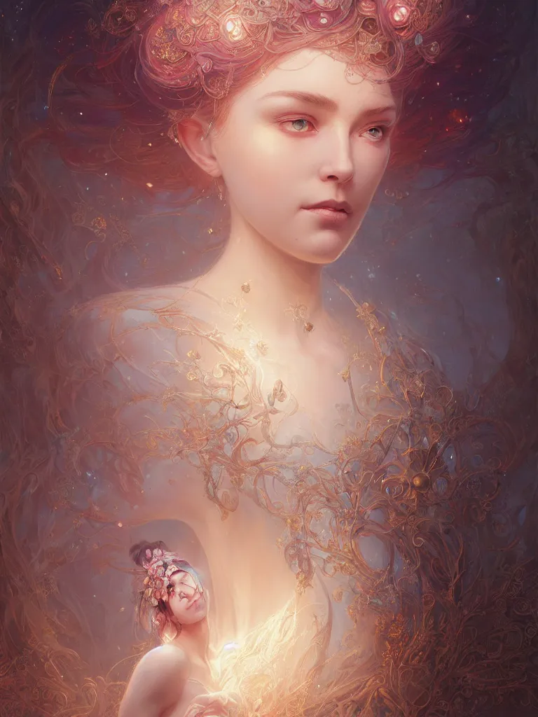 Image similar to highly detailed portrait of beautiful ethereal woman in ornate clothing, stephen bliss, unreal engine, fantasy art by greg rutkowski, loish, rhads, ferdinand knab, makoto shinkai and lois van baarle, ilya kuvshinov, rossdraws, tom bagshaw, global illumination, radiant light, detailed and intricate environment