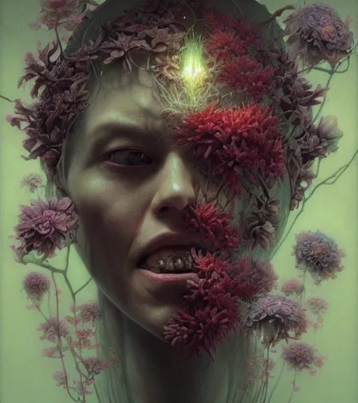 Image similar to portrait, descending into madness, flowers by wayne barlowe, toru kamei, artgerm and greg rutkowski, tanaka suguru, itsuko azuma, kinuko y. craft, mysterious, aesthetic!!! hyper detailed