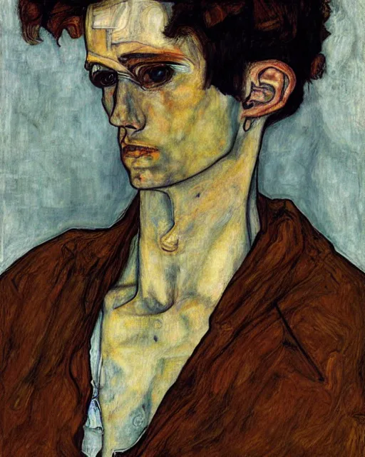 Image similar to portrait of a hacker by egon schiele in the style of greg rutkowski