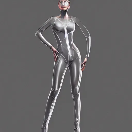 Prompt: full body portrait of a beautiful woman with a perfect face and body wearing a transparent plastic skin tight jumpsuit with circular cutouts, highly detailed, digital painting, artstation, cgscoiety, cinematic, intricate, smooth, sharp focus, illustration, Unreal Engine 5, concept art, 8K, art by Westworld and Esao Andrews.