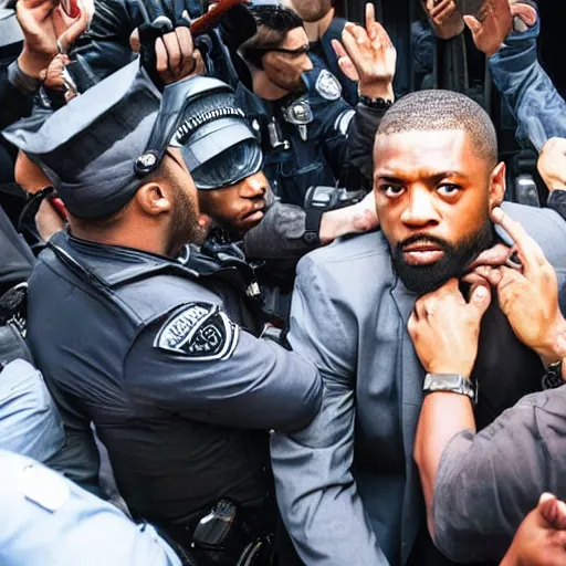 Image similar to rapper leaving a police station surrounded by paparazzi and fans after being arrested, ultra realistic, photorealistic, dynamic light, symmetry faces, cinematic