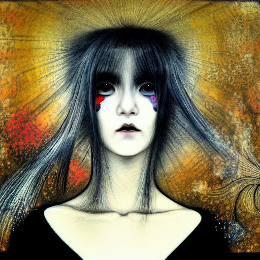 Image similar to yoshitaka amano blurred and dreamy realistic three quarter angle portrait of a woman with long white hair, black eyes and black lipstick wearing dress suit with tie, junji ito abstract patterns in the background, satoshi kon anime, noisy film grain effect, highly detailed, renaissance oil painting, weird portrait angle, blurred lost edges