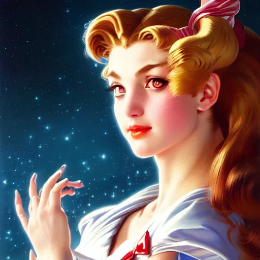 Image similar to head and shoulders Portrait of Sailor Moon, dark fantasy, medium shot, intricate, elegant, highly detailed, digital painting, volumetric light, artstation, concept art, smooth, sharp focus, illustration, art by Gil Elvgren and Greg Rutkowski and Alphonse Mucha